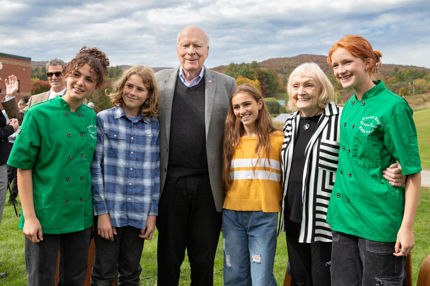 Senator Patrick Leahy and Marcelle Pomerleau celebrating Farm to School Month with students at Crossett Brook Elementary School, Waterbury, VT.