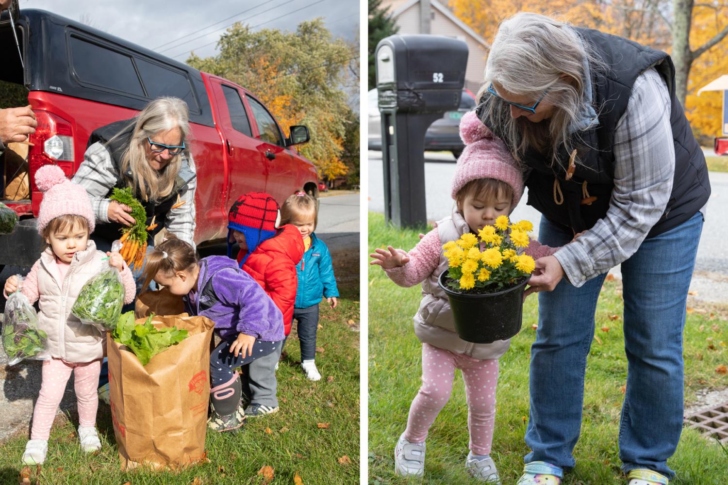 Left: The kids help carry the CSA bags from the farm truck to the neighborhood pick-up table. Right: Christine brought extra mums, one for each child to bring home and share with their family.