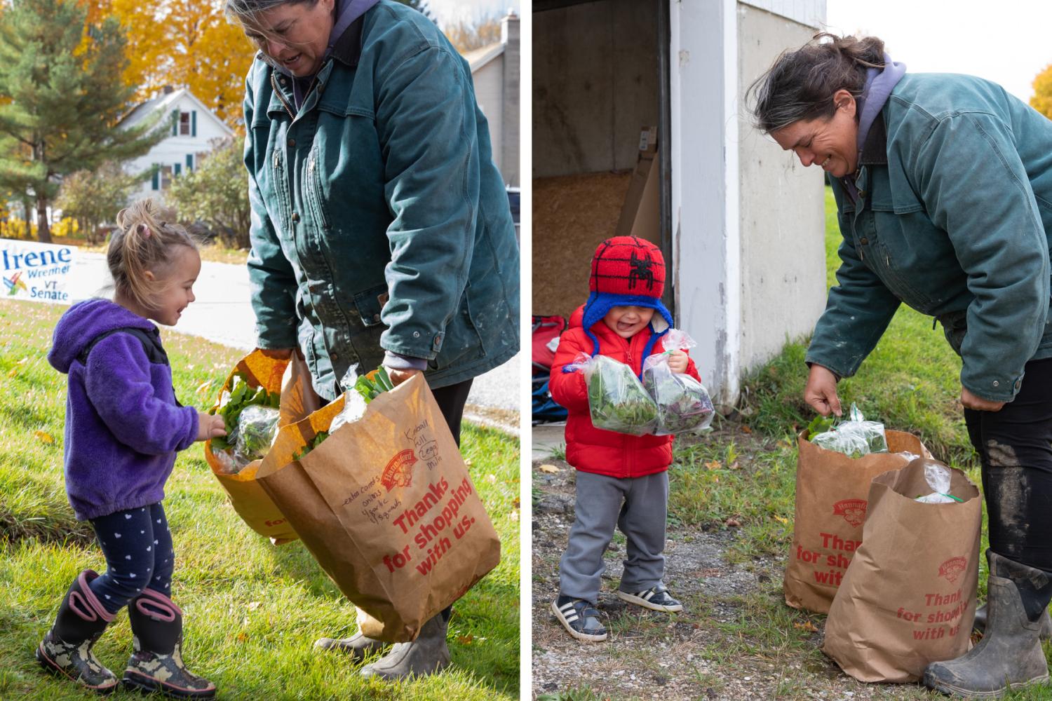 Kids help Farmer Christine carry CSA items from the truck to the neighborhood CSA pickup table.