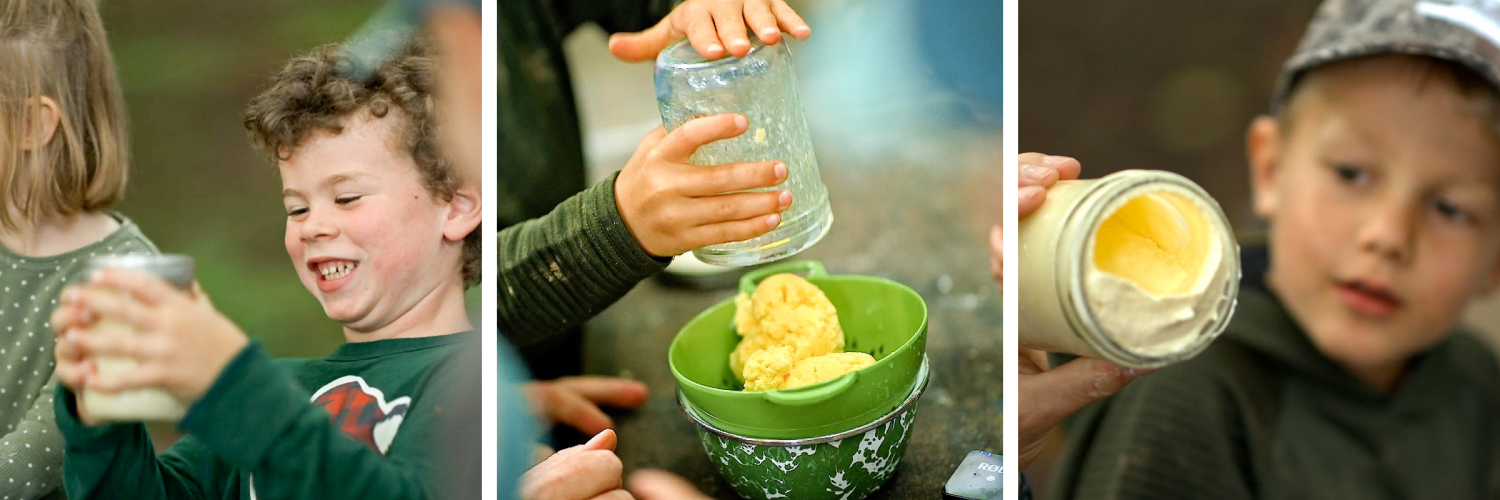 A boy shakes cream in a jor as it turns to butter; a ball of butter dries in a strainer; a young learner looks at a jar of cream, shaken to the whipped cream phase.