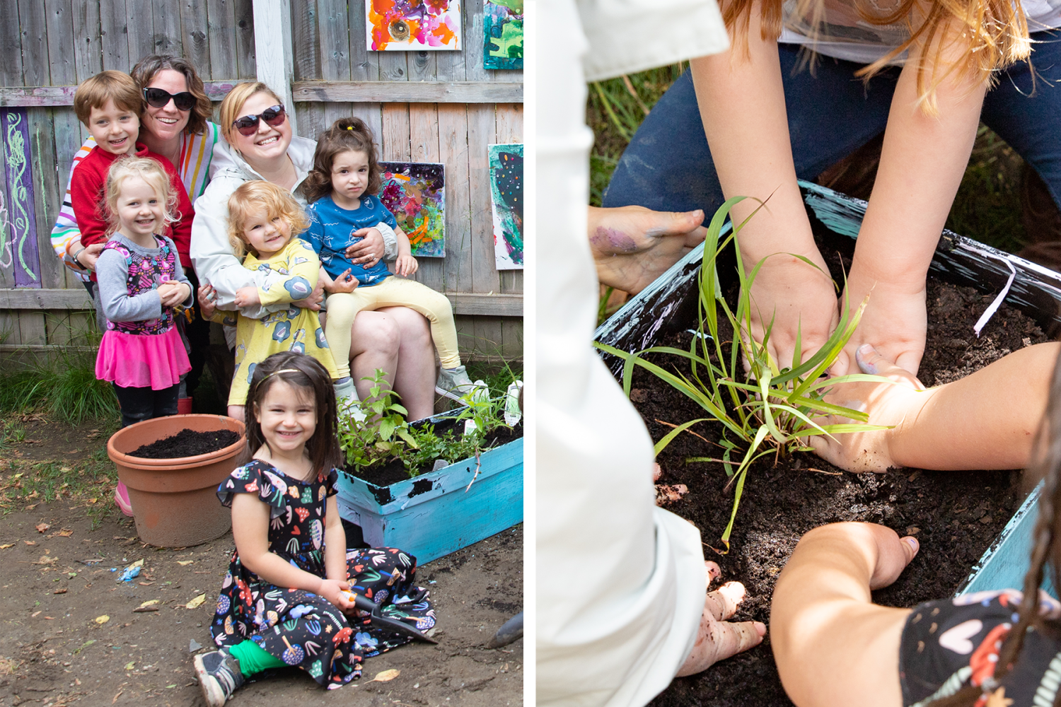 Left: staff and children smile as they pose in the tea garden for a photo. Right: small hands help plant a lemongrass starter.