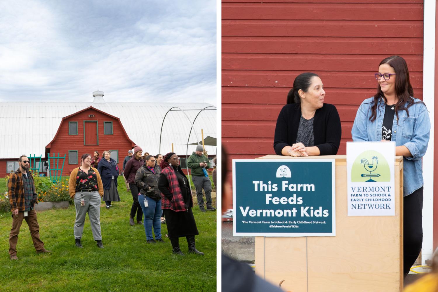 Two images. Left: adults tour a school garden, a red barn in the background. Right: staff stand at a podium, sharing the school's story.