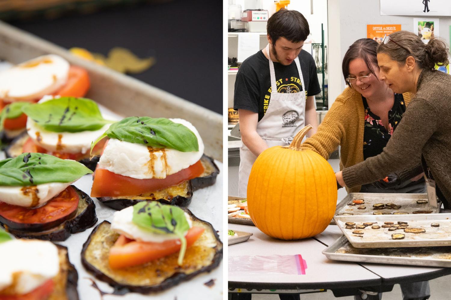 A school garden inspired snack—heirloom tomatoes, basil, and eggplant with student-made mozzarella—is prepared by students and staff before the event.