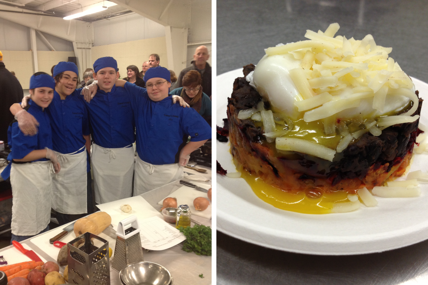 Left: Four boys of the Camels Hump Middle School during the Jr Iron Chef VT competition. Right: a dish of tricolored potatoes stacked and topped with cheese.