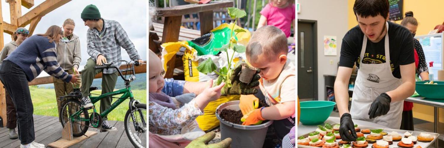 Three images: individuals making pesto with a bicycle blender, young children potting plants, and a student preparing food in a cafeteria.