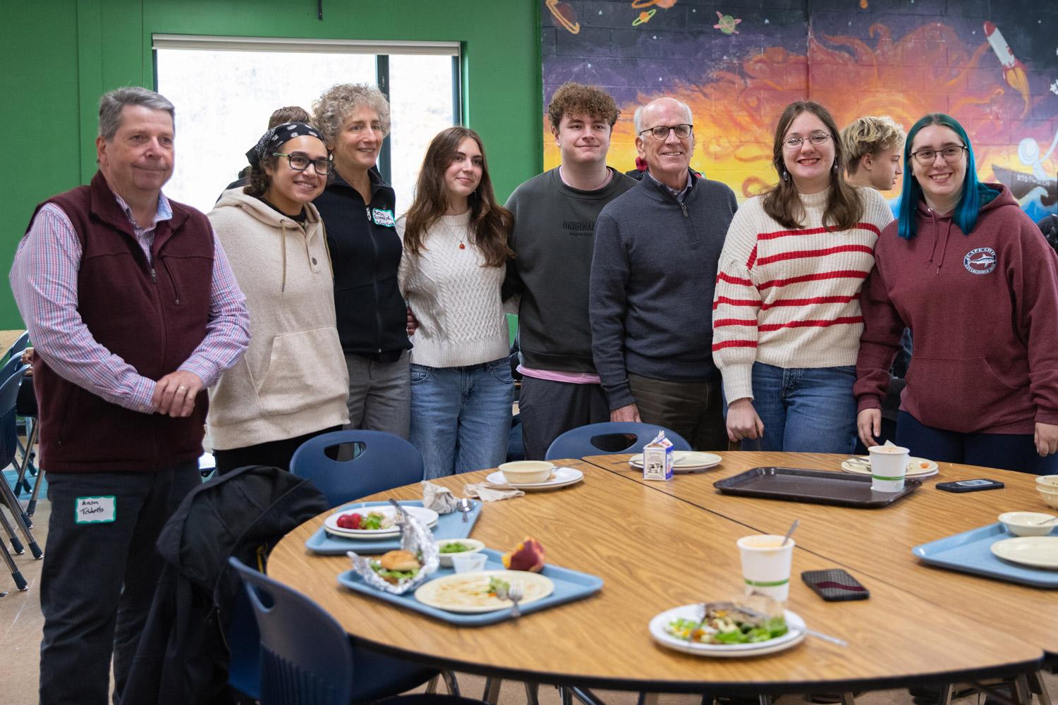 Vermont Secretary of Agriculture, Food and Markets Anson Tebbetts, Shelburne Farms Institute for Sustainable Schools Farm to School Director Betsy Rosenbluth, and U.S. Senator Peter Welch join Montpelier High School students for a local lunch.