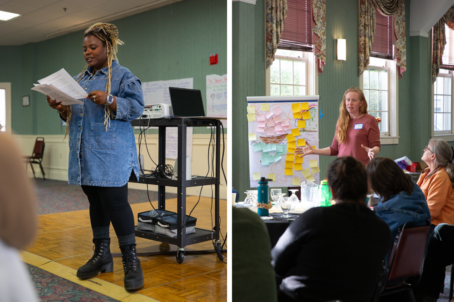 Two images: on the left, a person presents a workshop holding papers in a room with attendees; on the right, a person leads a discussion by a board covered with sticky notes in a similar setting.