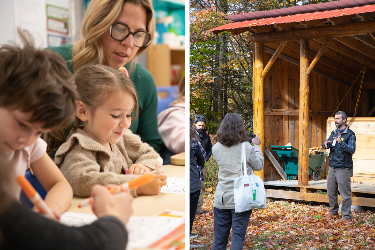 Left image: An adult and two children engaging in a drawing activity at a desk in a classroom. Right image: A group of people gather outdoors by a wooden composting setup and shelter.