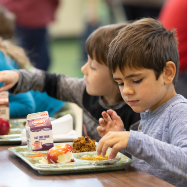 Young boy eating meal in school cafeteria.