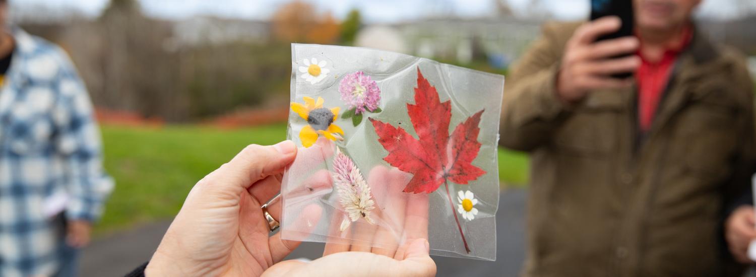 a set of hands hold up a pressed flower craft project