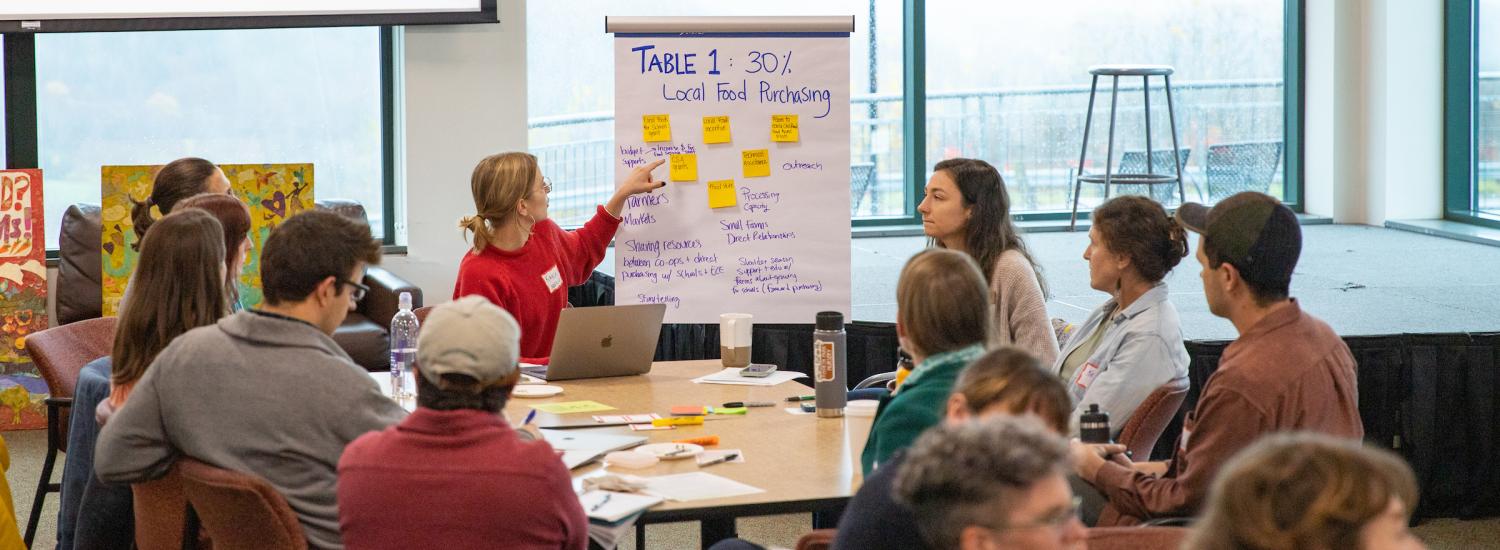 A group of people engaging in a workshop discussion around a table, with one person gesturing towards a large display board labeled "Table 1: 30% Local Food Purchasing."